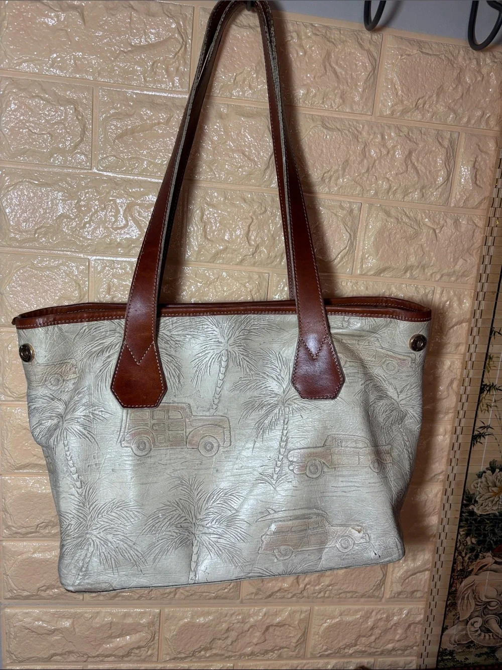 Brahmin Leather-Trim Beige & Brown Tote Bag w Copa Cabana Woody Car Palm Trees